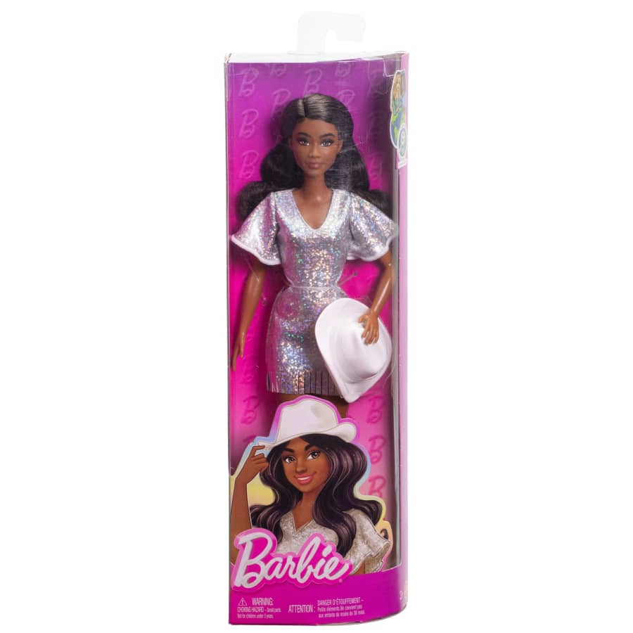 Mattel Barbie Fashionistas Doll #239 in Sparkly Silver Dress With Cowboy Hat And Boots, Black Hair