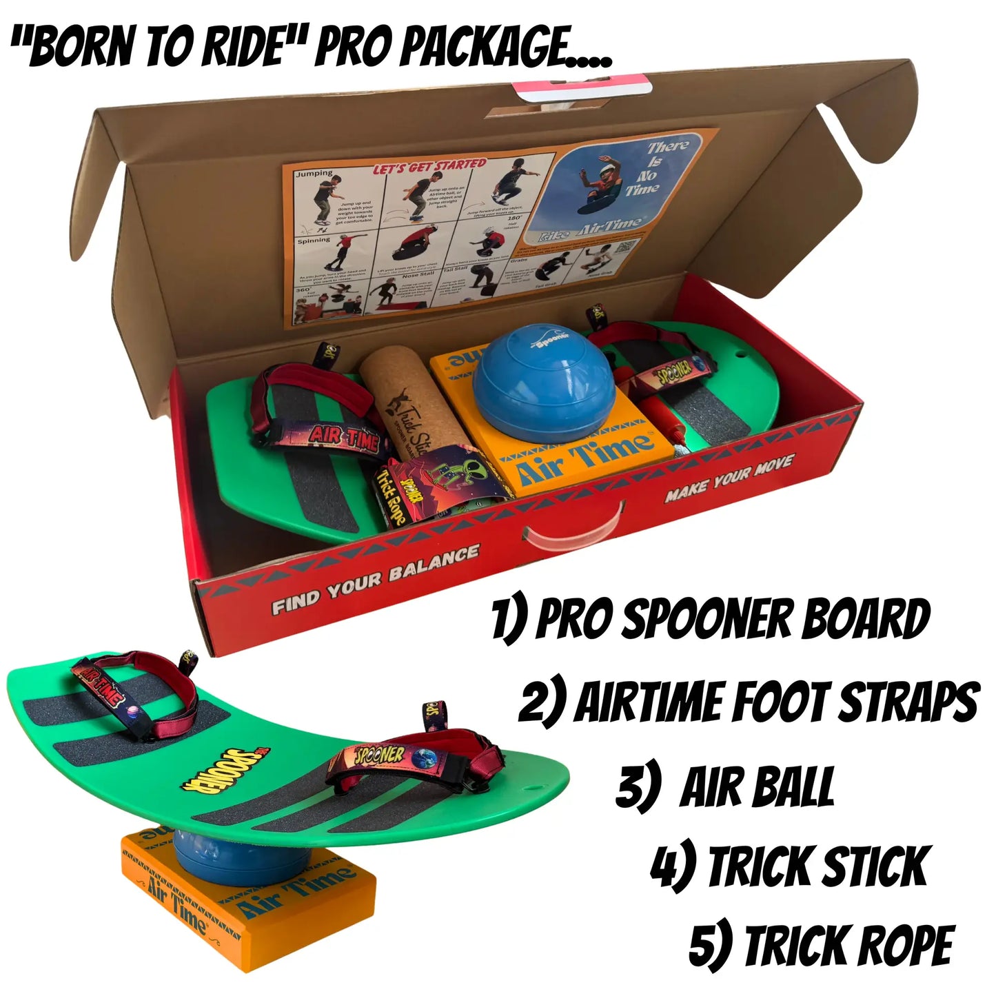 Spooner Pro “Born To Ride” Package with AirTime footstraps (Random Color Assortment, 1 Board)