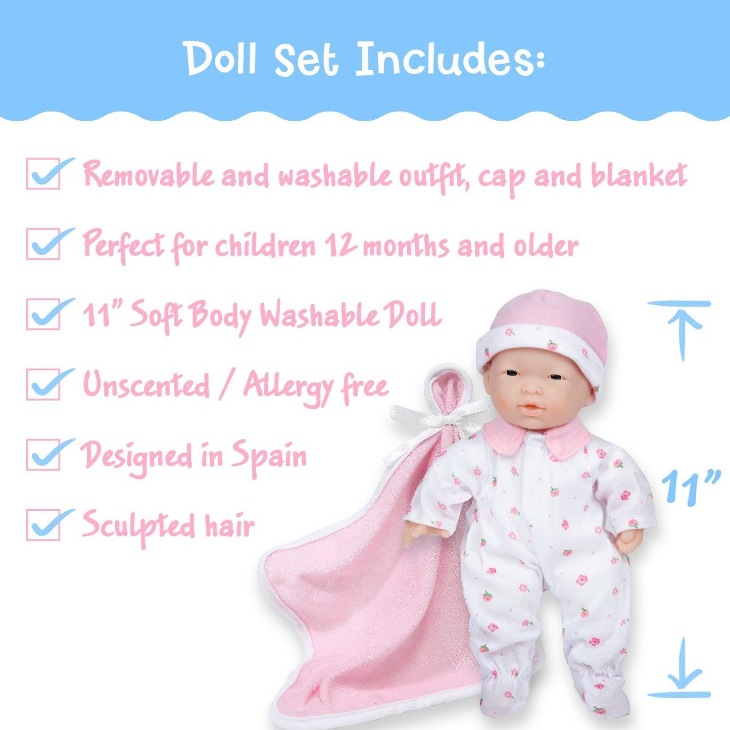 JC Toys La Baby 11 inch Soft Body Asian Baby Doll in Pink Outfit