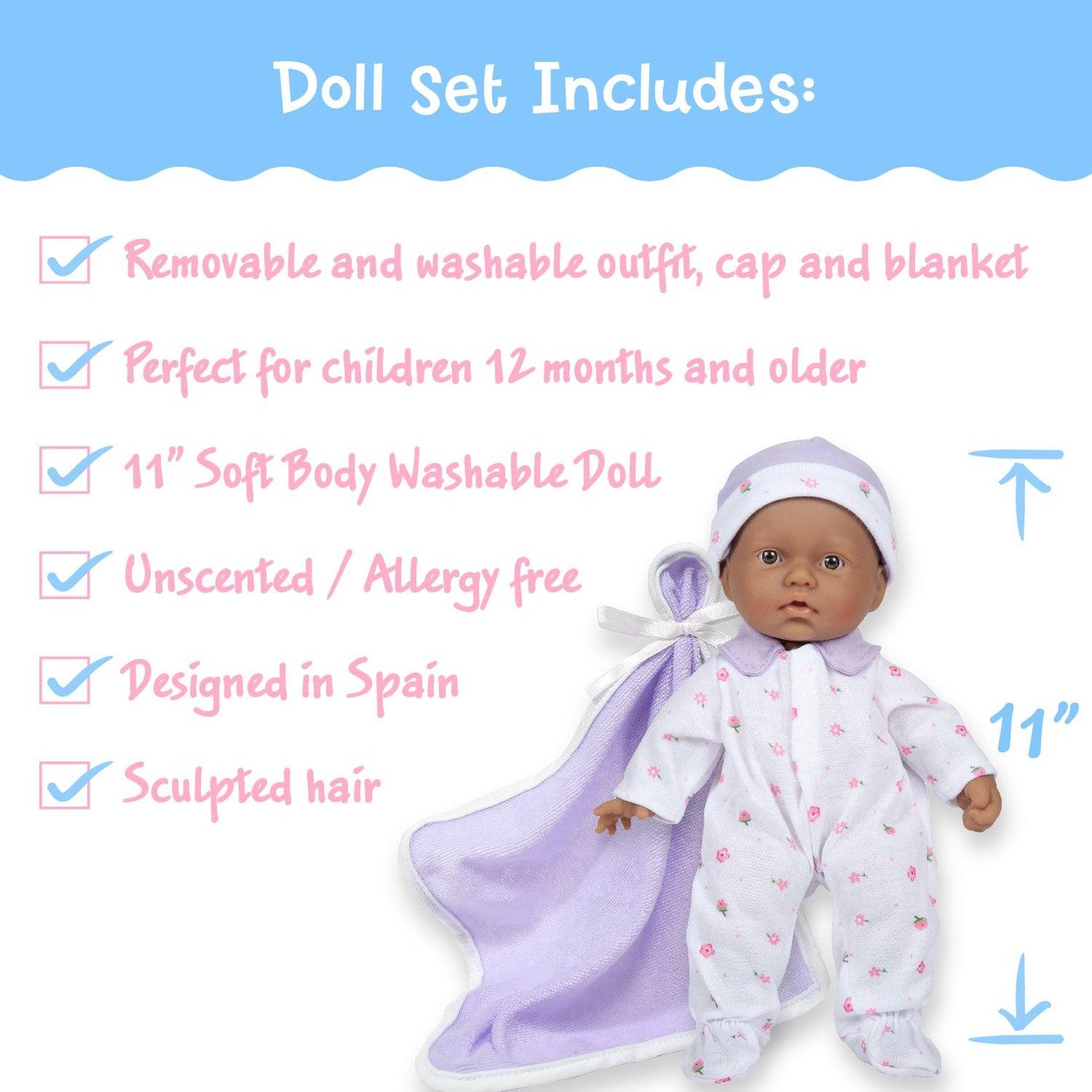 JC Toys La Baby 11 inch Soft Body Hispanic Baby Doll in Purple Outfit