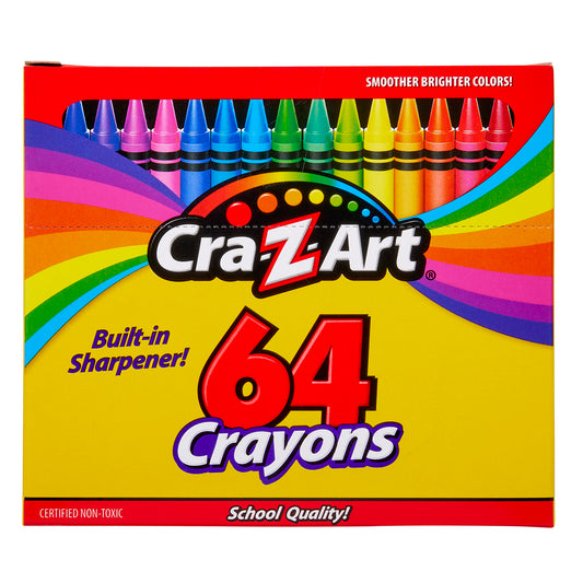 Cra-Z-Art Crayons – 64 Count School Quality Set with Built-In Sharpener, Bright Colors, Non-Toxic for Kids