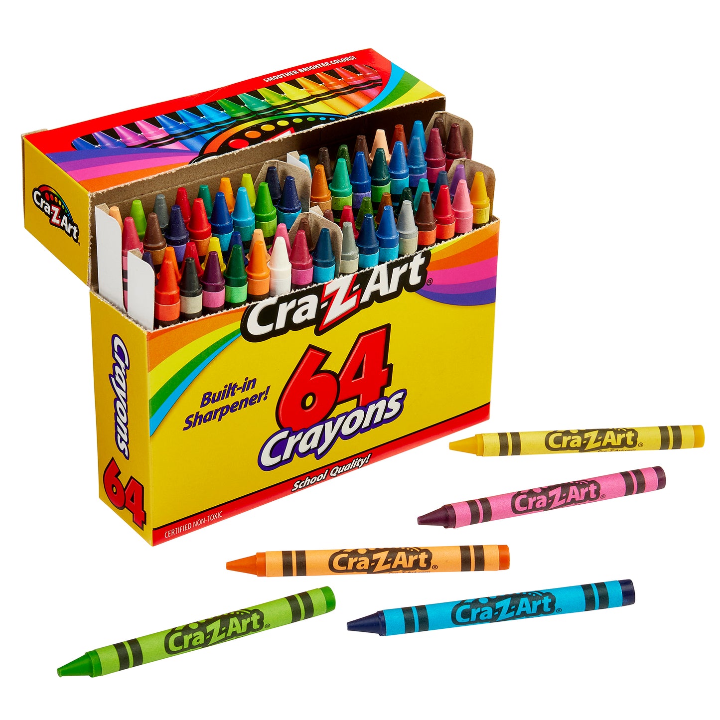 Cra-Z-Art Crayons – 64 Count School Quality Set with Built-In Sharpener, Bright Colors, Non-Toxic for Kids