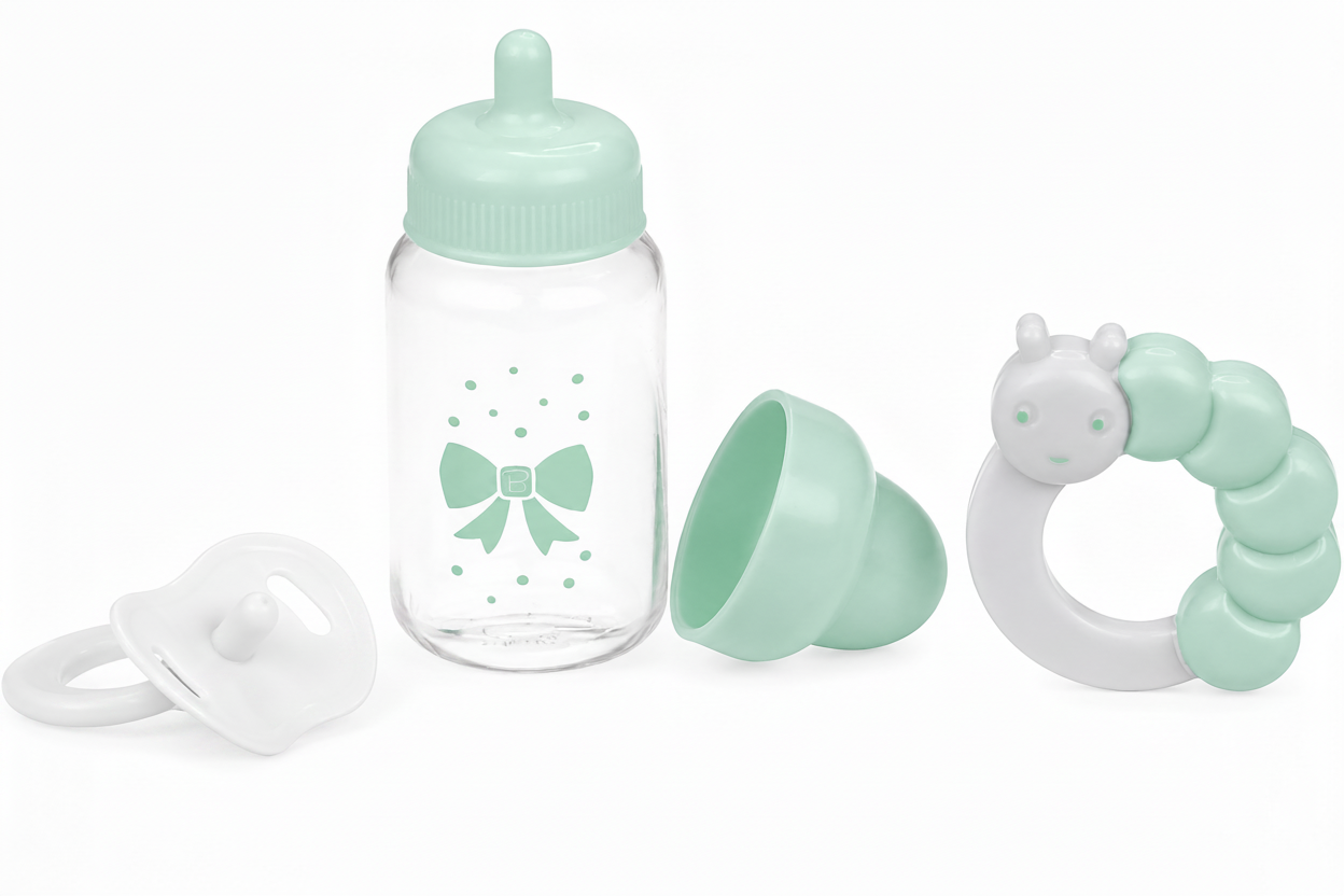 JC Toys For Keeps! MINT Bottle Rattle and Pacifier Accessory Gift Set 3-Pieces.