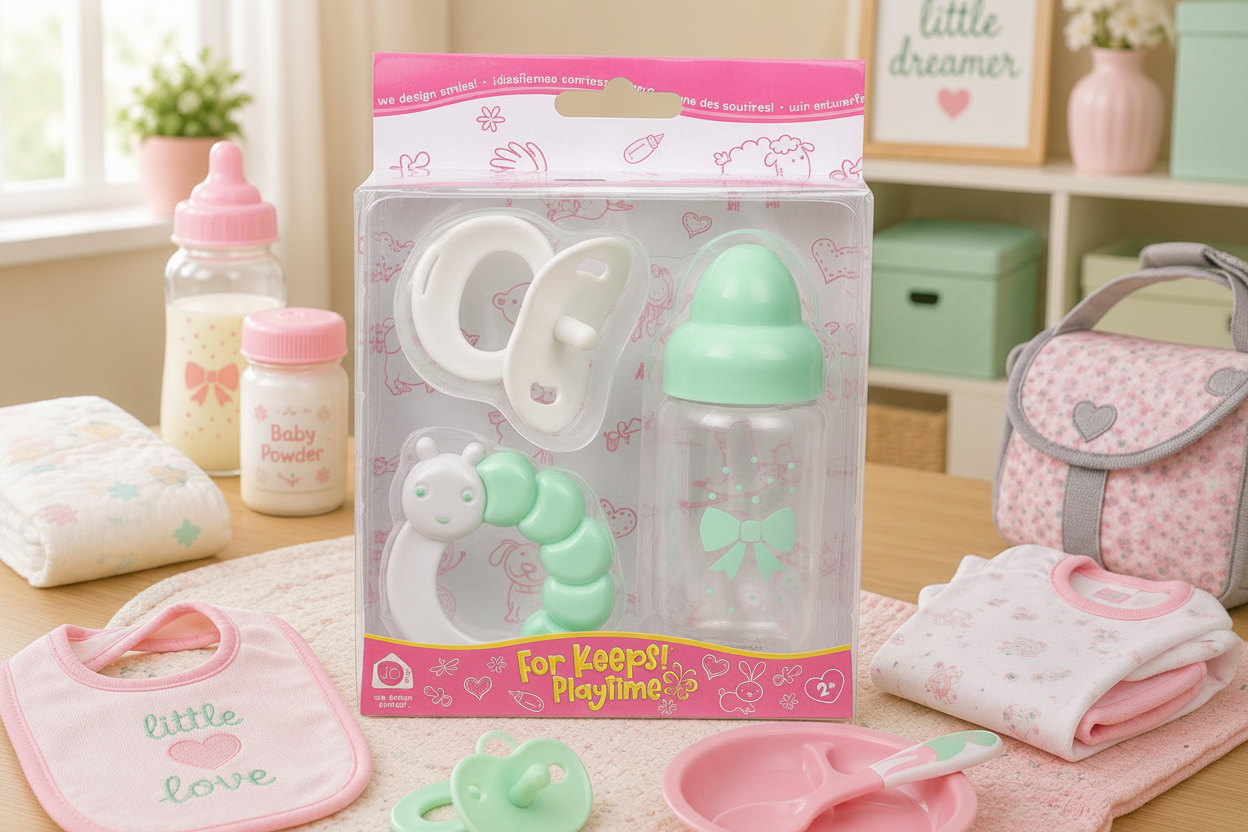 JC Toys For Keeps! MINT Bottle Rattle and Pacifier Accessory Gift Set 3-Pieces.