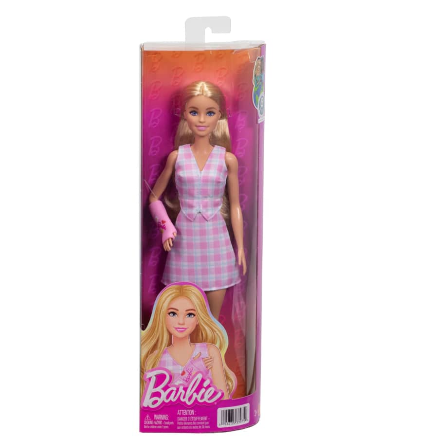 Mattel Barbie Fashionistas Doll #243 With Pink Arm Cast And Plaid Top And Skirt, Blonde