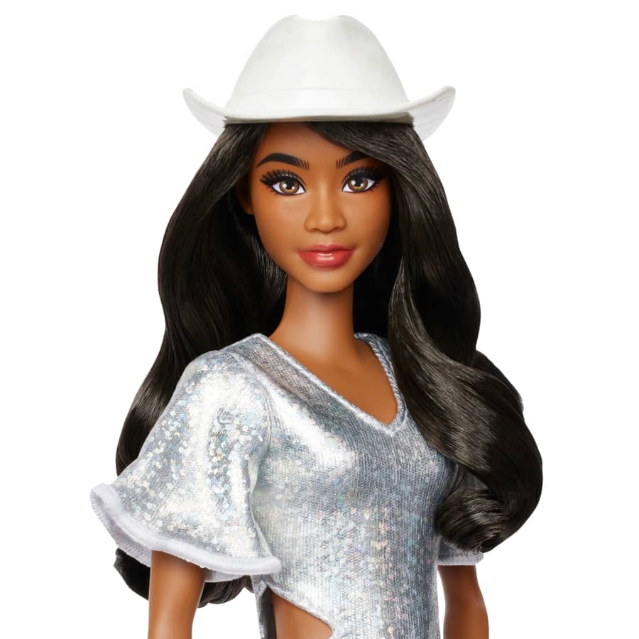 Mattel Barbie Fashionistas Doll #239 in Sparkly Silver Dress With Cowboy Hat And Boots, Black Hair