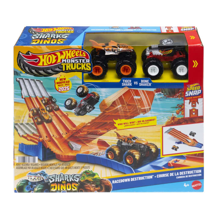 Mattel Hot Wheels Monster Trucks Sharks vs Dinos Racedown Destruction Track Set