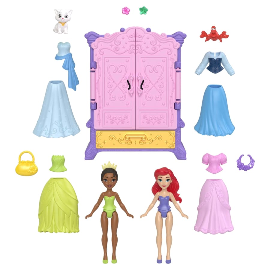 Mattel Disney Princess Royal Wardrobe Set With Ariel & Tiana Small Dolls