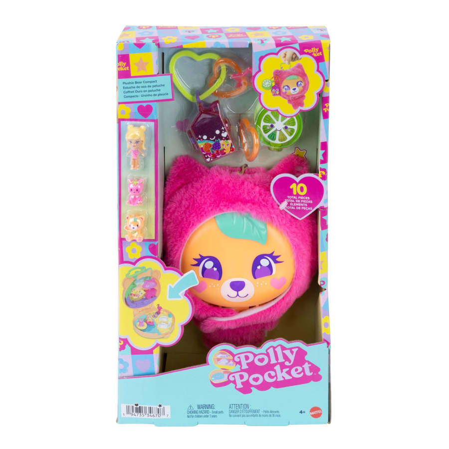 Mattel Polly Pocket Plushie Bear Compact, Doll & Keychain Playset With Pets, Fruit Themed Accessories