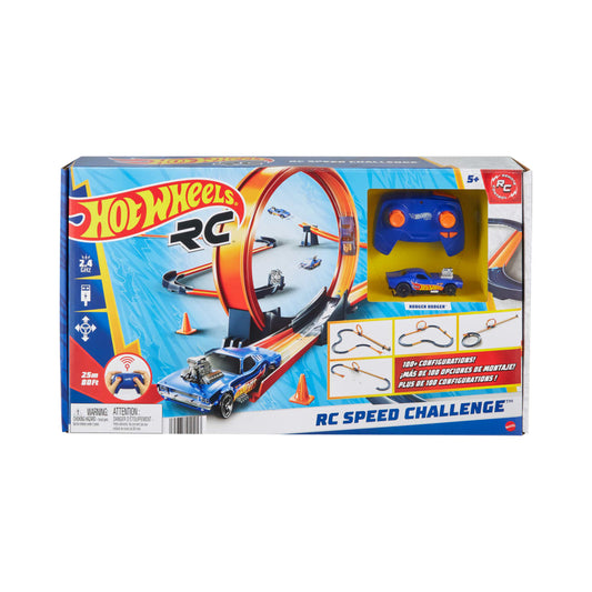 Mattel Hot Wheels RC Speed Challenge Track Set & Battery-Powered Remote-Control 1:64 Scale Toy Car, 30+ Pieces Of Track