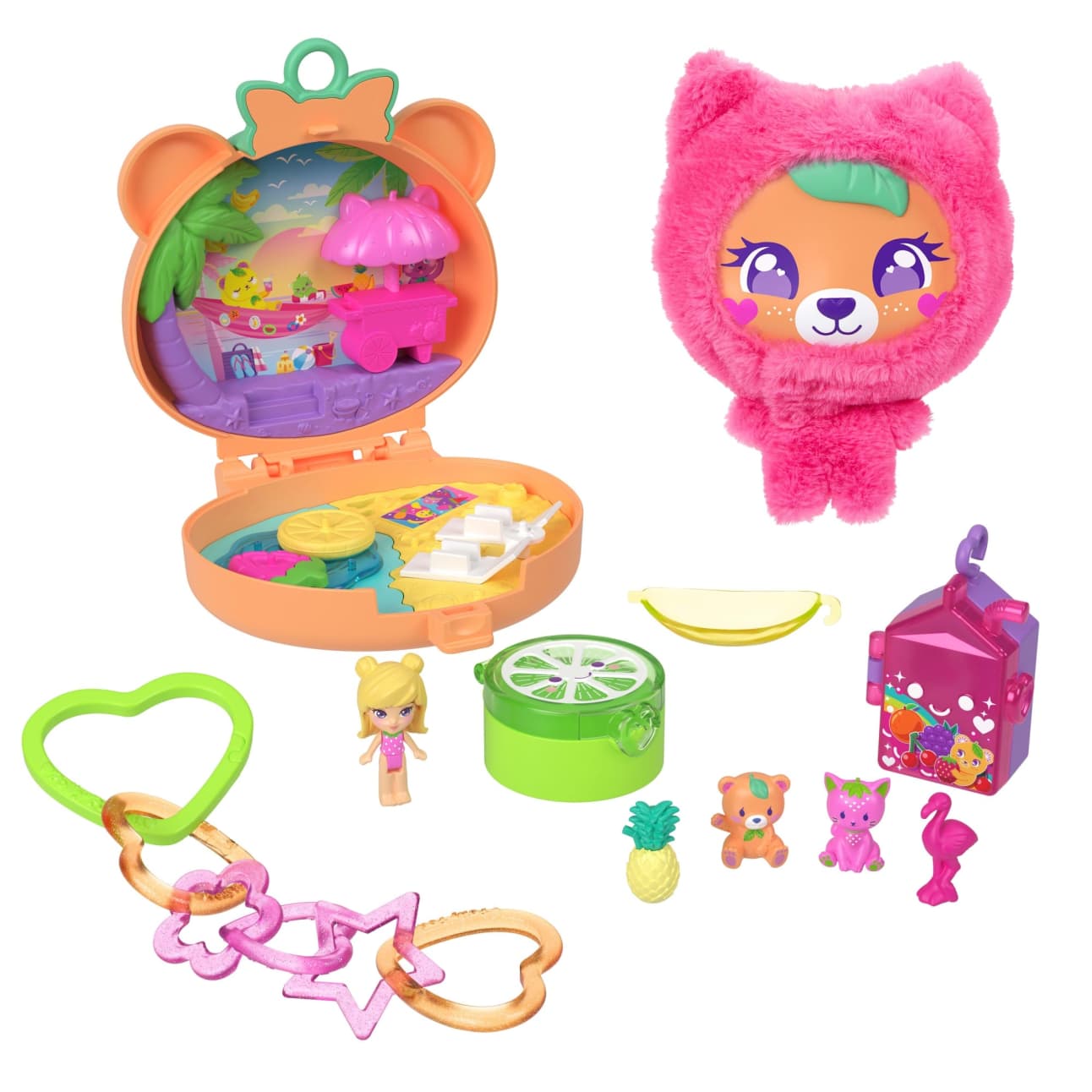 Mattel Polly Pocket Plushie Bear Compact, Doll & Keychain Playset With Pets, Fruit Themed Accessories