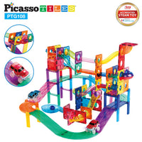 Picasso Tiles- 108pc 2 in 1 Magnetic Marble Run & Racing Track Set | PTG108 | Picasso Tiles