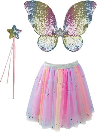Great Pretenders Rainbow Sequins Skirt, Wings and Wand Dress up set